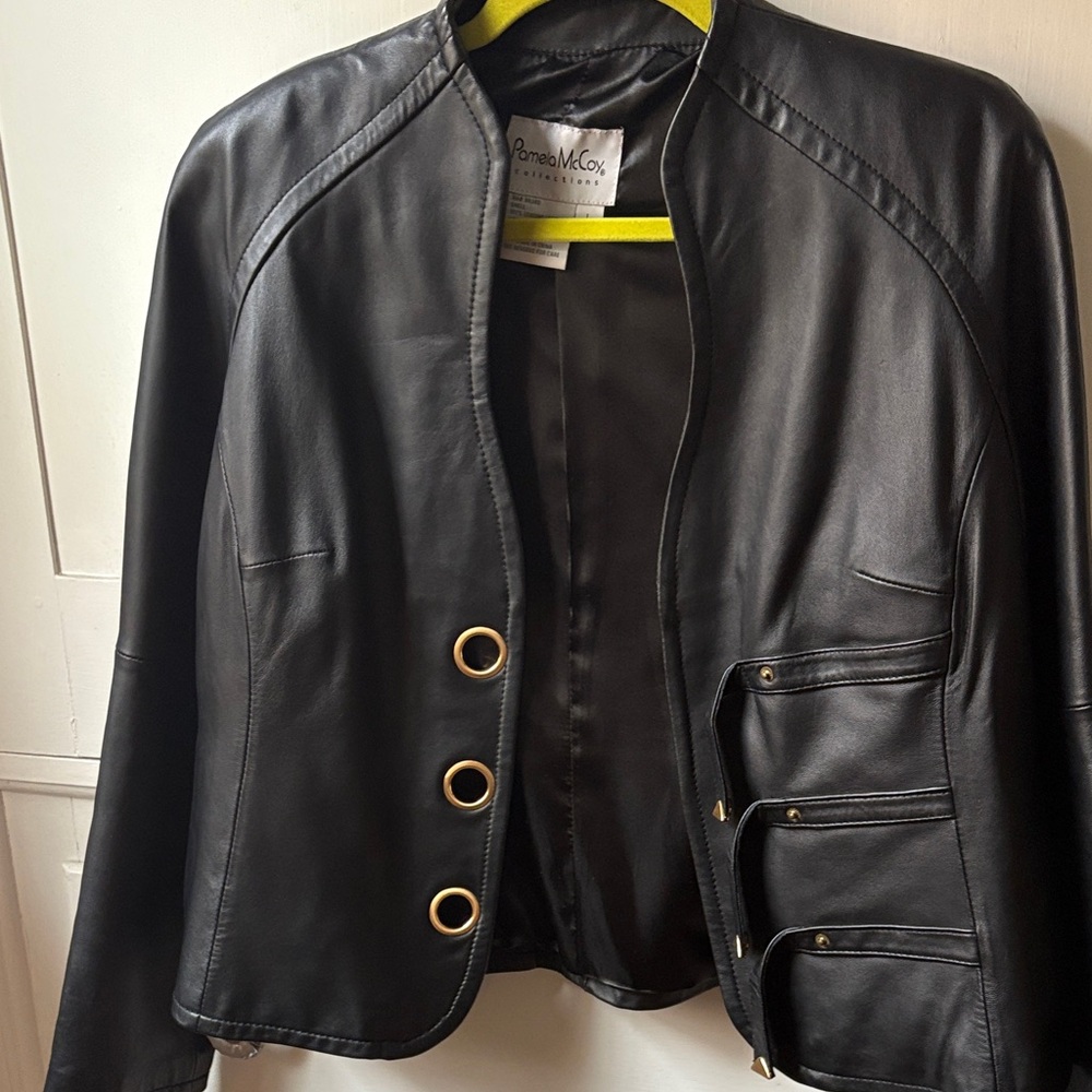 Pamela McCoy Black Leather Jacket with Gold Accents